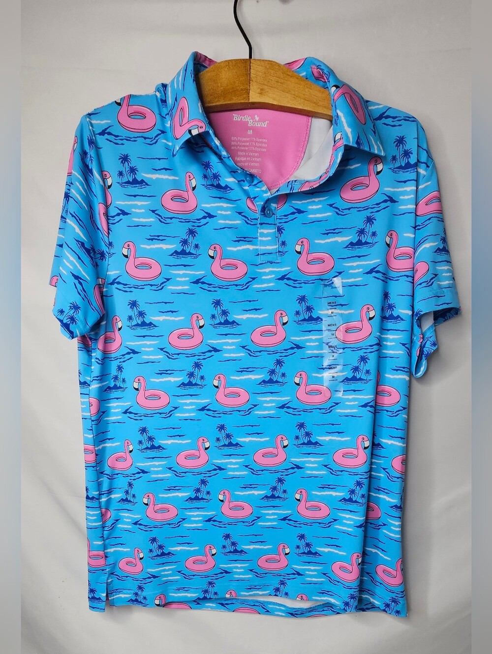 New Birdie Bound Polo Shirt Mens Medium Flamingo Print Golf Performance Stretch